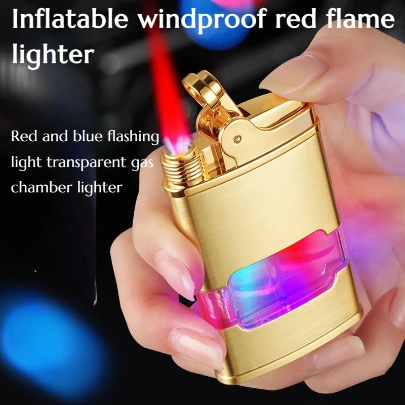 Red and Blue Flashing Light Transparent Air Chamber Inflatable Windproof Red Flame Lighter High-end Metal Cigarette Accessories
