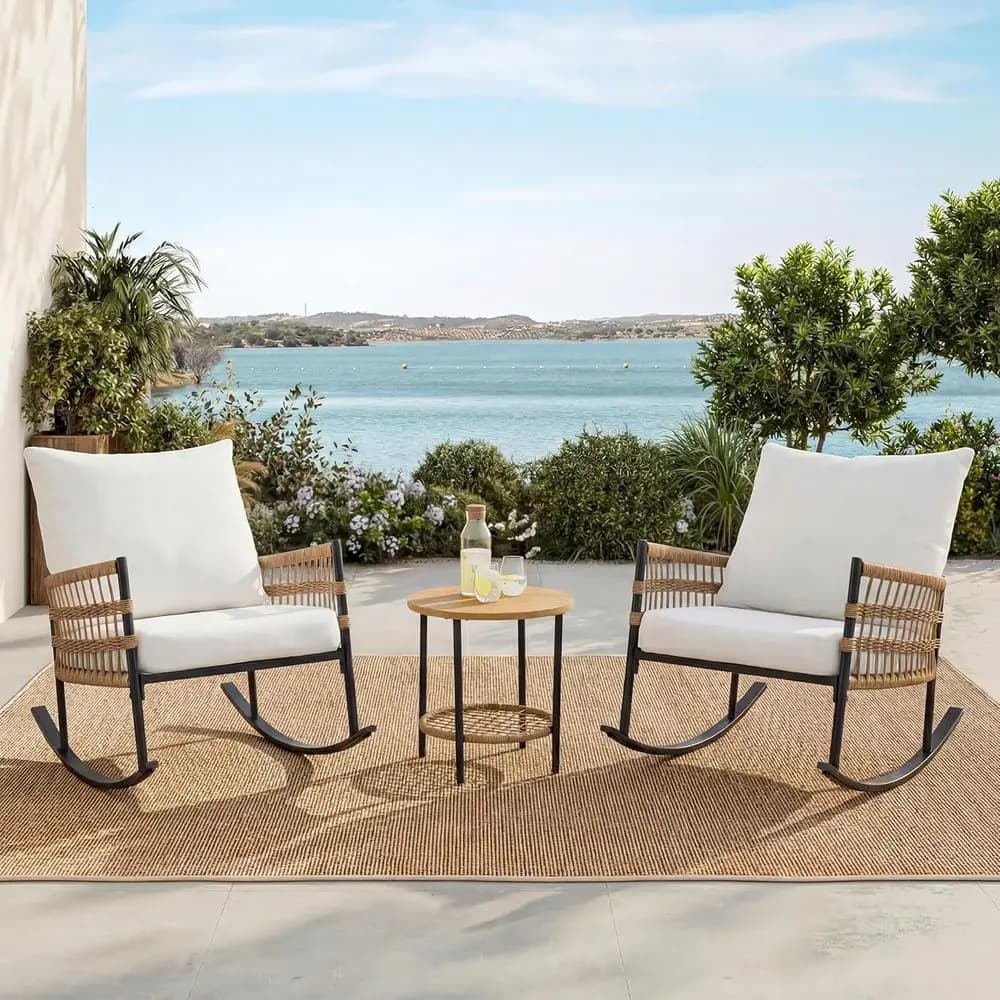 Outdoor 3-Piece Rocking Chair Set with Cushions, Weather-Resistant Wicker Bistro Furniture for Patio, Porch, or Garden (Beige)