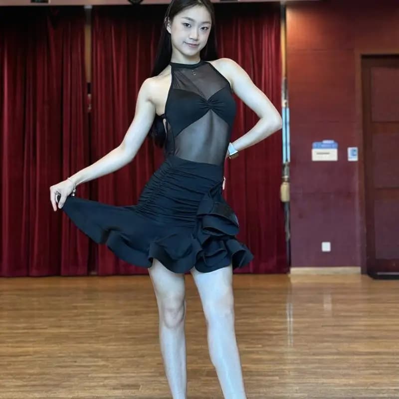 abito da ballo latino personalizzato senza maniche a Z appeso al collo in rete con gonna a lisca di pesce, performance per esame artistico per le donne
