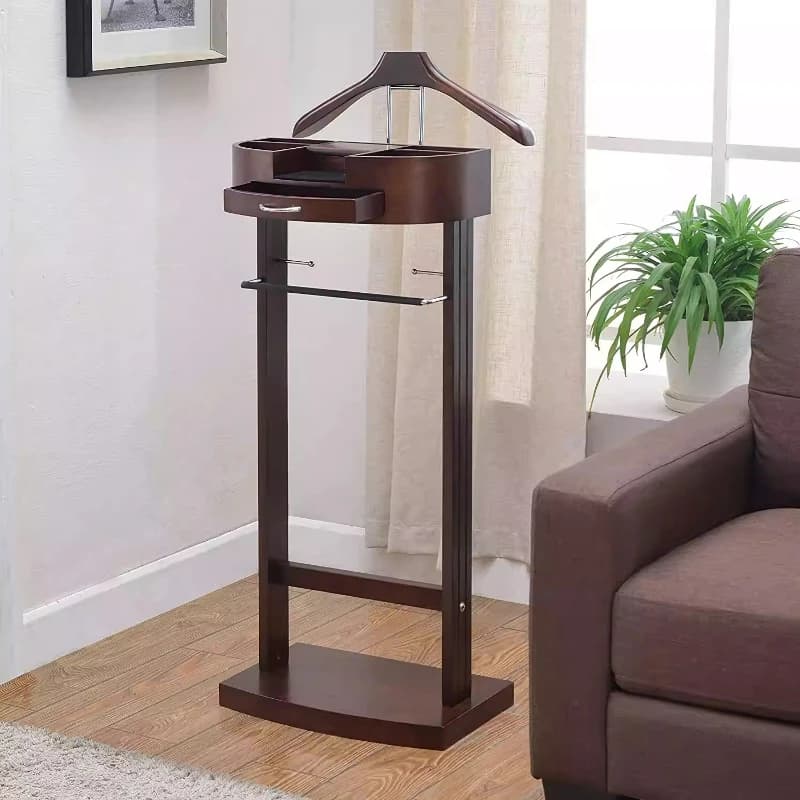 Organizzatore Moderno per Camera da Letto, Stand Appendiabiti con Cassetto, Porta Abiti in Legno, Mobile Valet Rack