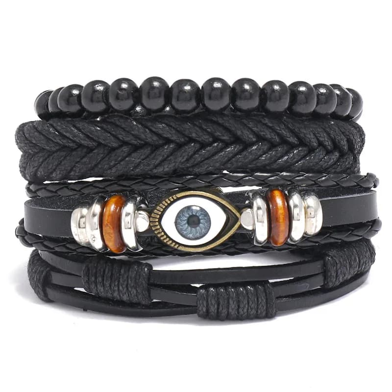 Semplice set da quattro pezzi fai-da-te Bracciale in pelle nera Bracciale con occhi intrecciati vintage Gioielli punk europei e americani