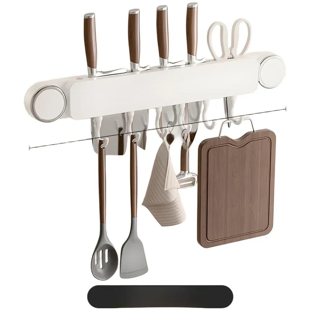 Organizzatore di utensili da cucina montato a parete con supporto per lama a ventosa e ganci regolabili per lame e utensili
