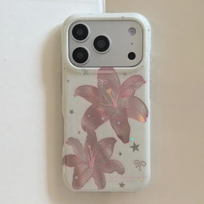 Sweet Pink Glitter Lily & Star Print Phone Case for iPhone 17, 16, 15, 14, 13, Pro, Promax, Clear Shockproof Protective Cover