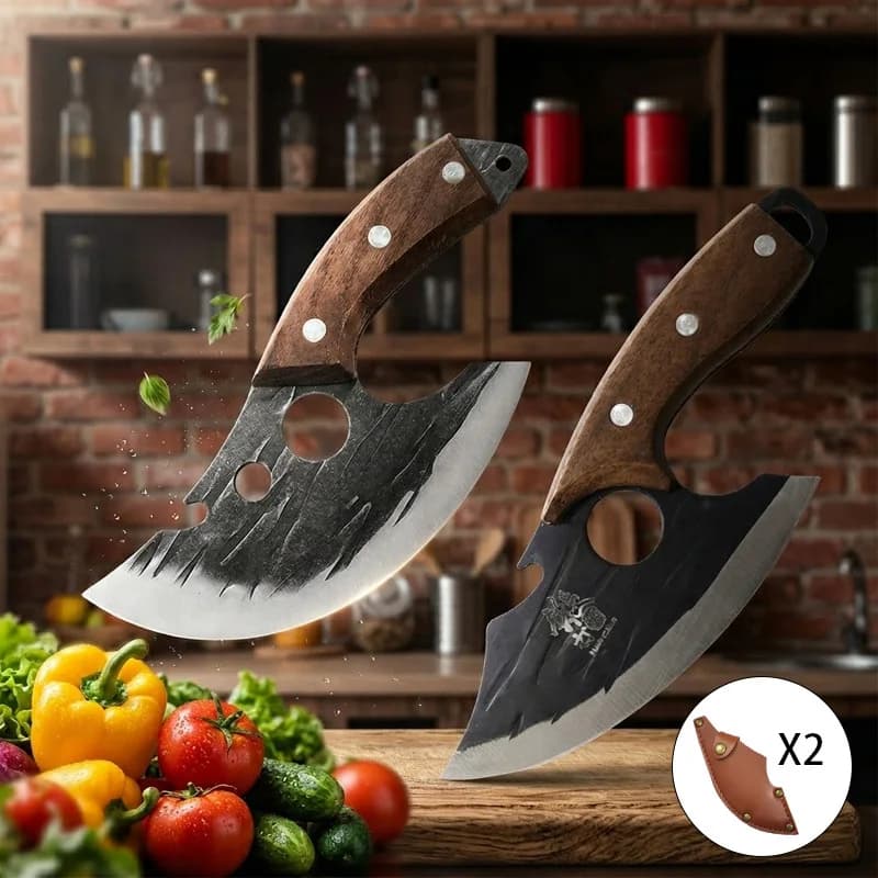 Nuovo Set di 2 Coltelli da Disosso con Manico in Legno, Coltello da Cucina in Acciaio Inossidabile per Alimenti, Coltello da Macellaio Resistente e Mannaia per Carne