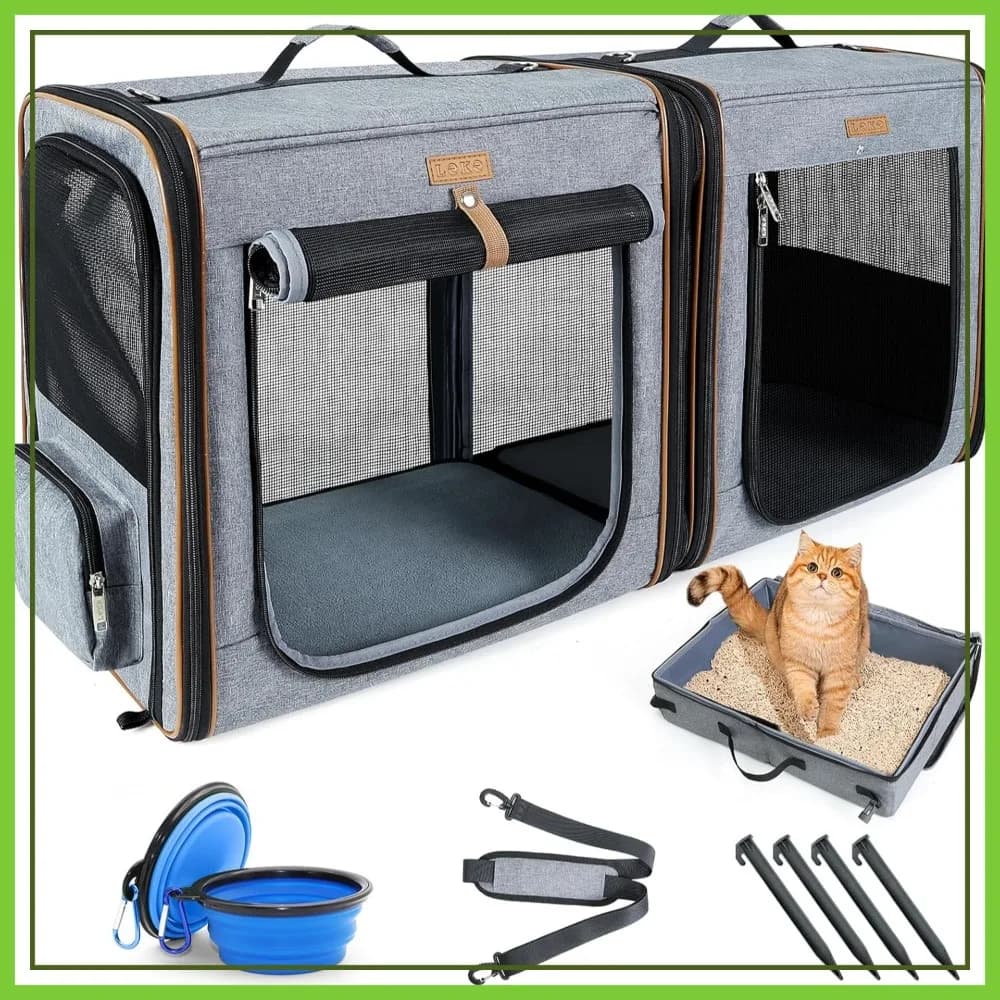 Trasportino Grande per 2 Gatti, Trasportino da Viaggio 2-in-1 con Lettiera, 45x42x33 cm, Chiusura a Cerniera, Grigio