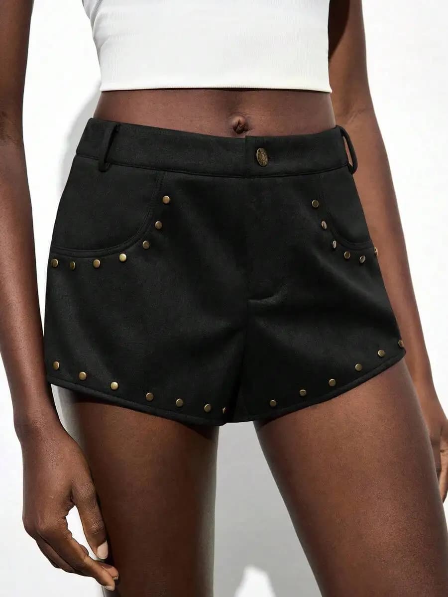 Pantaloncini Casual da Donna con Rivetti, Vita Alta, Neri, Stile Urbano Smart Casual
