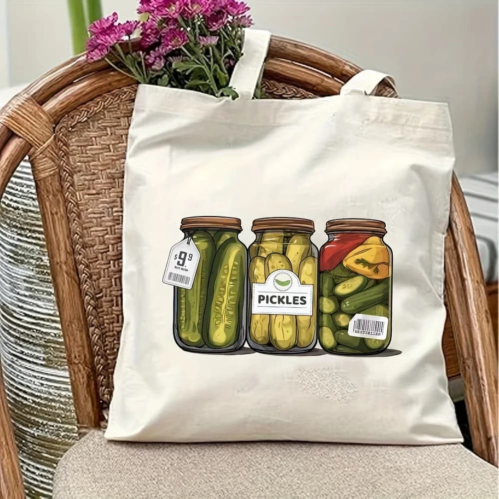 1 Large Capacity Durable Canvas Tote Bag with Kimchi Pattern Design, Reusable Shopping Bag, Suitable for Kimchi Lovers, Fun and Artistic Shoulder Bag, Large Tote Bag
