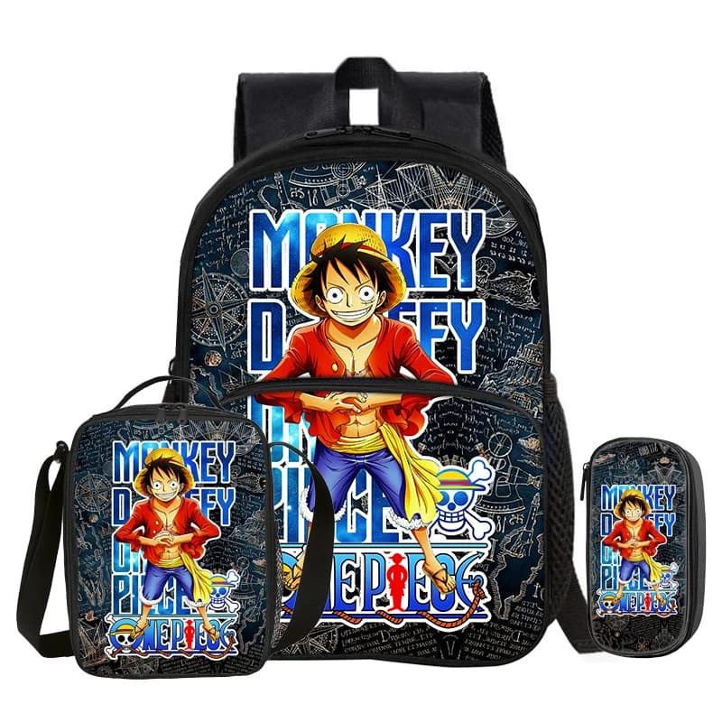 One piece Monkey D. Luffy 3 Pcs set with Front Pocket Backpack with Thermal Insulated Lunch Tote Purse Pencil Case
