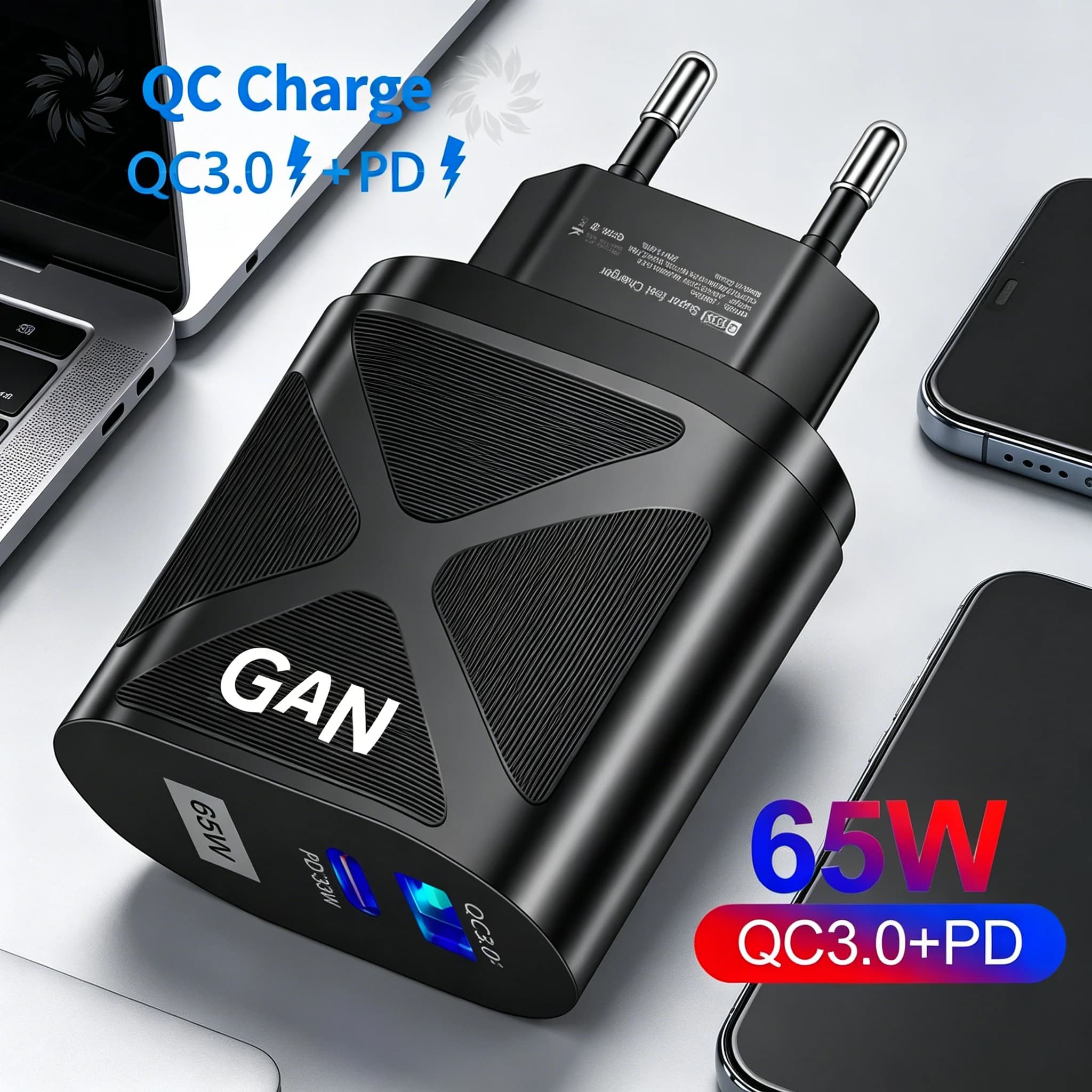 Caricatore da Muro USB PD GaN 65W, Adattatore di Ricarica Rapida QC3.0 Tipo C, Caricabatterie da Viaggio per iPhone Xiaomi 14 Samsung Huawei