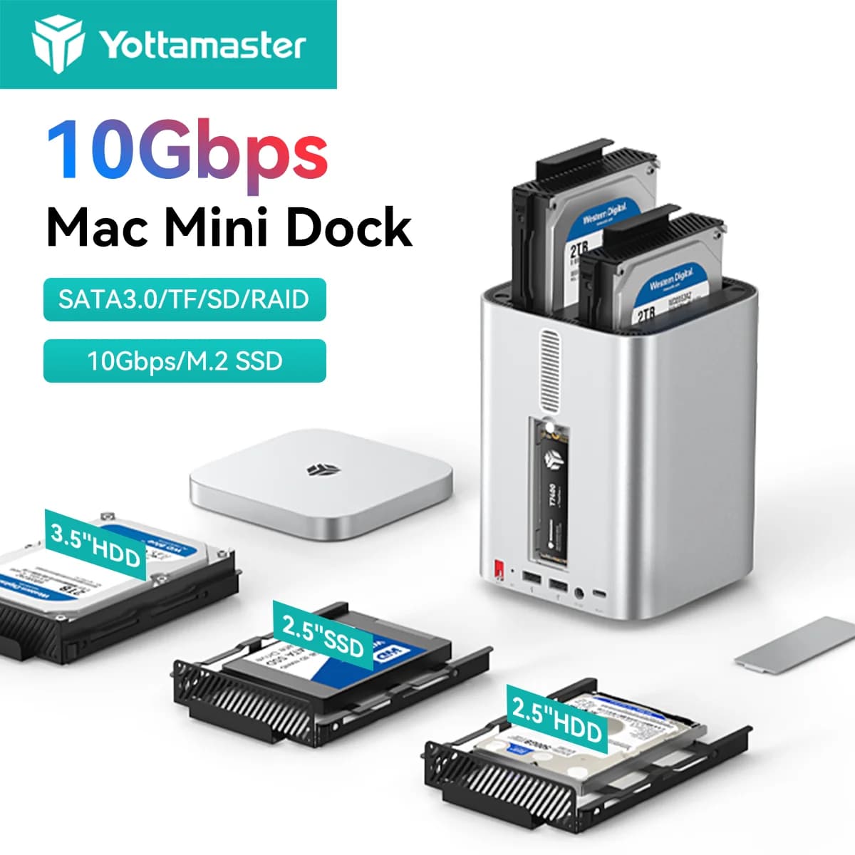 Yottamaster 10Gbps Mini Tower Dock in lega di alluminio M.2 NVMe SATA USB Hub Docking Station 2.5/3.5 "Custodia RAID DAS per Mac Mini M4