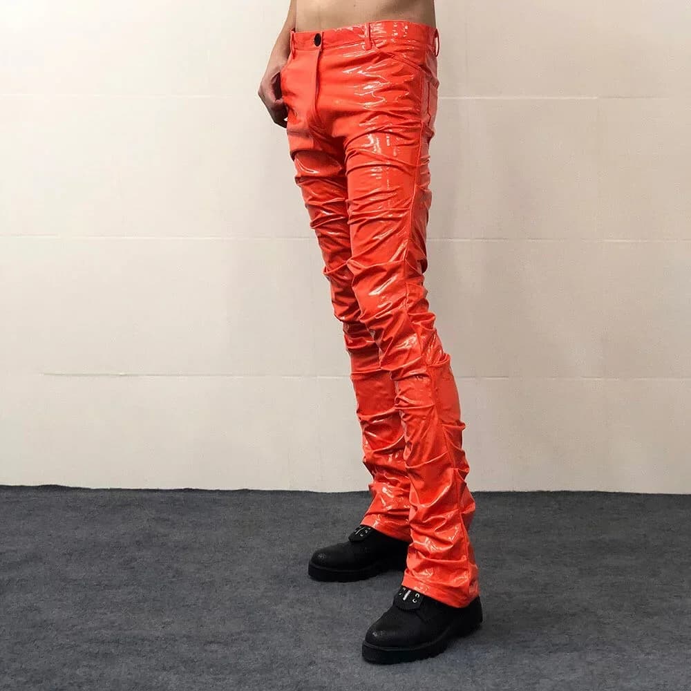 Pantaloni da Uomo in Ecopelle Lucida Stile Punk a Vita Bassa con Pieghe, Pantaloni Slim Sexy in PU Lucido, Nuovi Pantaloni con Tasche Personalizzabili