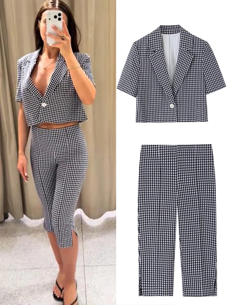 Elegant Plaid Blazer Capri Pants Set Women One Button Short Sleeve Cropped Coat Pencil Pant 2026 Summer Lady Commute Outfits