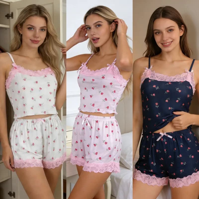Set Pigiama da Donna 2 Pezzi, Lingerie Sexy con Tasche, Leggero, in Pizzo, Canotta e Pantaloncini con Spalline Regolabili