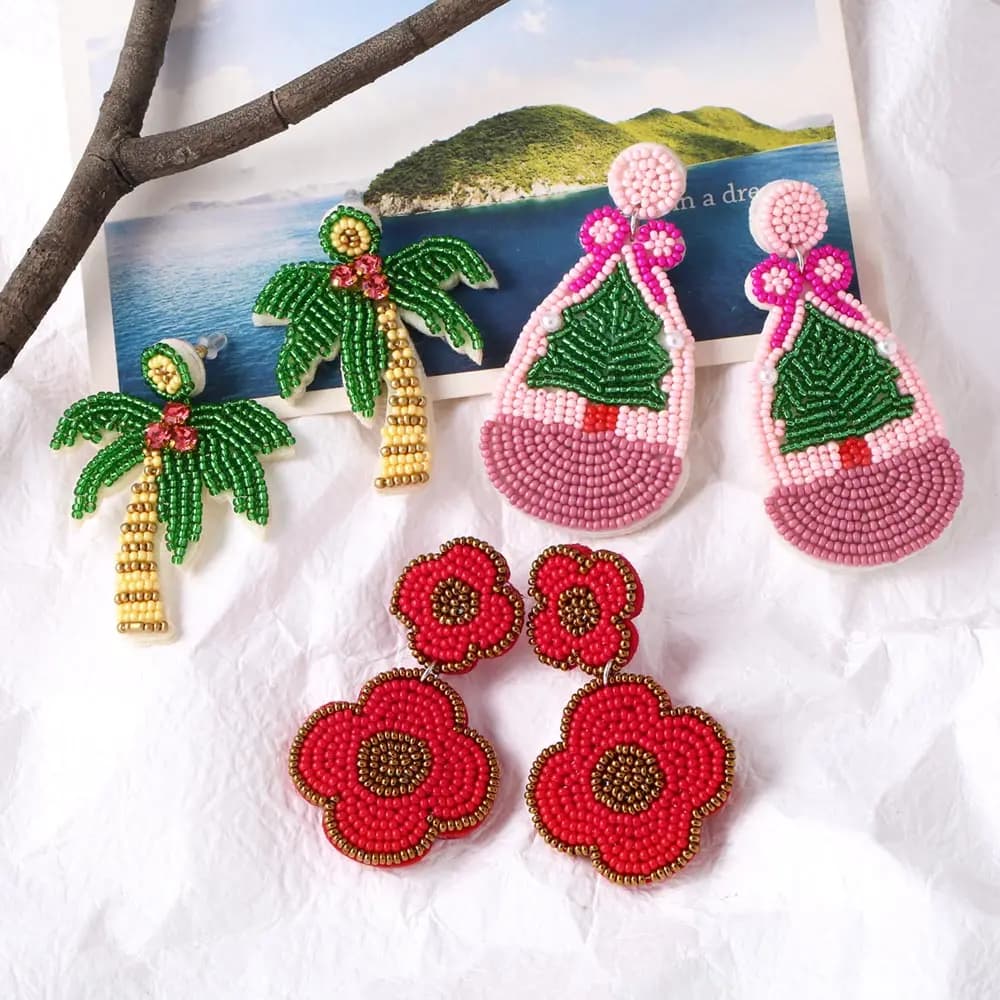 FLOLA Oorbellen earrings with green seed beads woven earrings with woven flowers handmade for women jewelry Boho erss12