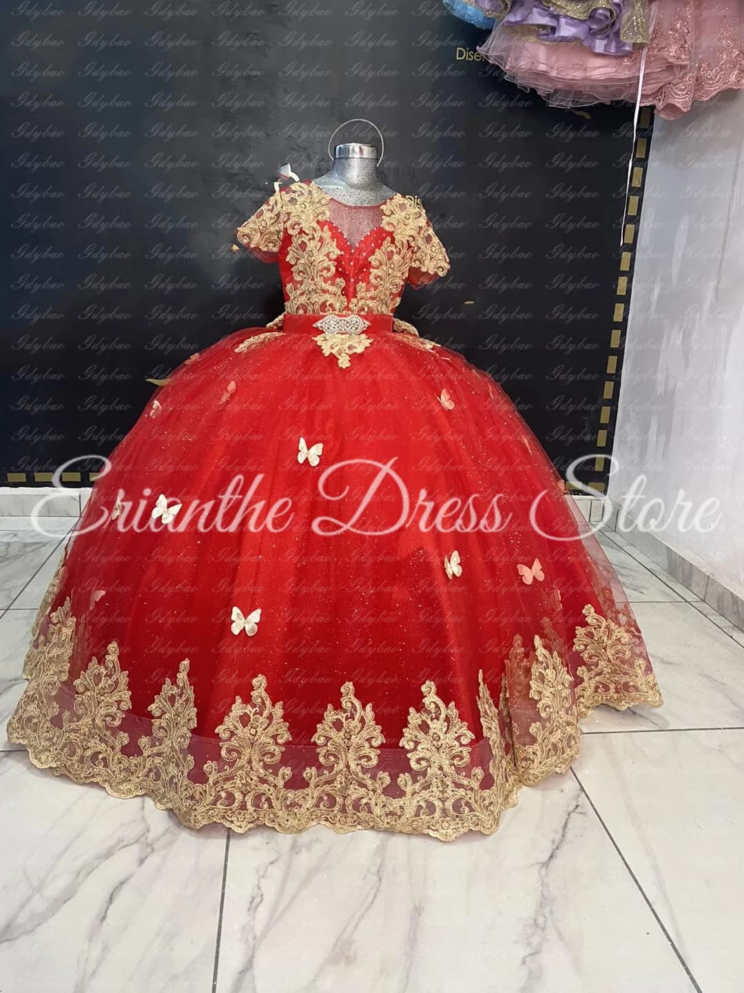Abito da ragazza di fiore rosso per matrimonio Tulle Puffy 3D Farfalla Principessa Bambini Festa di compleanno Abiti da ballo per prima comunione personalizzati