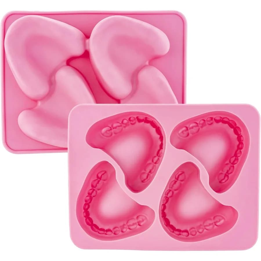 FON-10014 Stampo per vassoio ICE a forma di protesi con denti sorridenti, bavaglio perfetto o elefante bianco Gt per dentisti o anziani, rende 4 cubi uno S