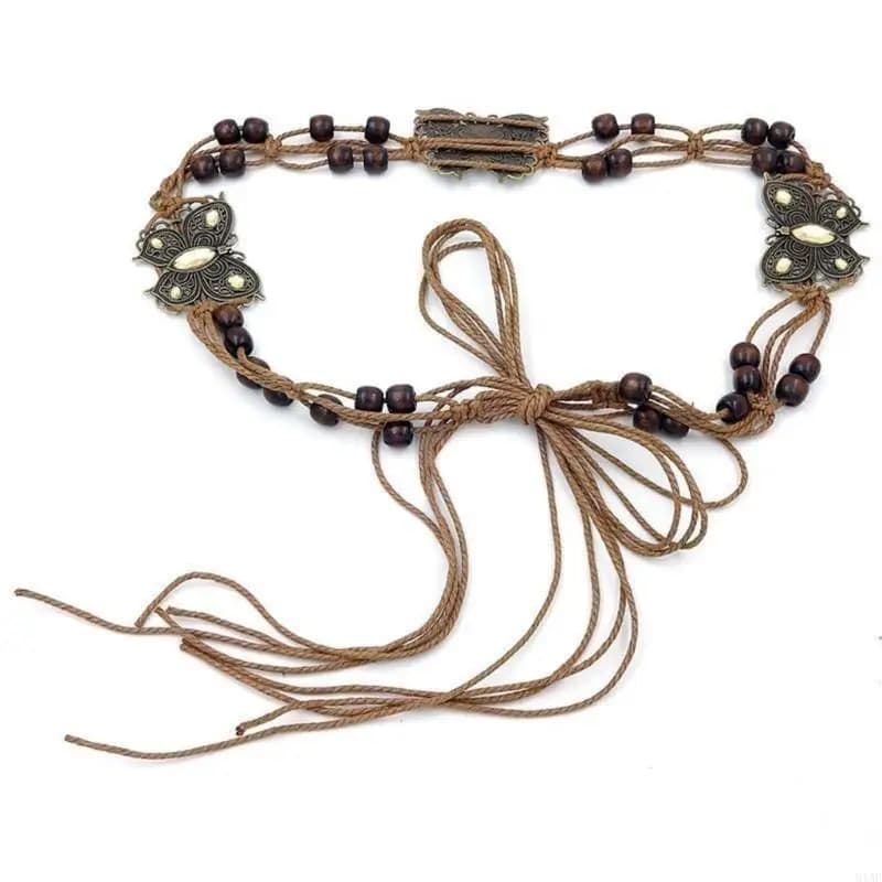 91AF Bohemian Tassel Knotted Wide Belt Rope Woven Waist Belts Boho Braid Belt
