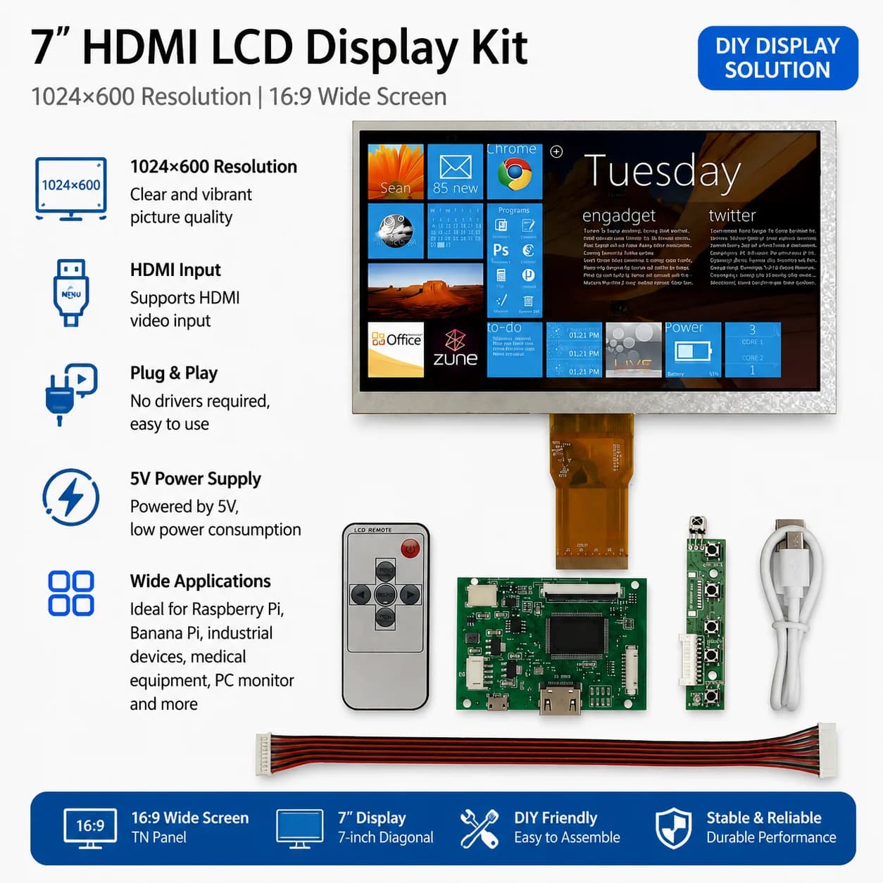7-inch screen LCD display driver control board HDMI-compatible for Raspberry Pi PC laptop display module portable mini computer