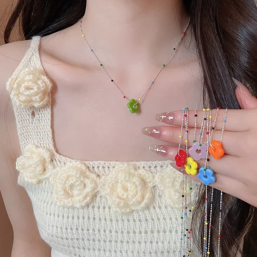 Silver Tone Necklace, Multicolor Seed Bead Chain With Flower Pendant, Cute Dopamine Statement Jewelry For Women