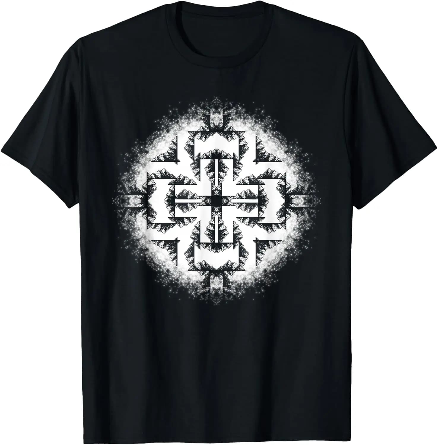 Aztec Mandala Pattern Mountains Illustration White Graphic T-Shirt 100% Cotton Trendy Y2K Short-Sleeve Tee – Soft, Quick-Drying, & Moisture-Wicking; Ideal for Sports or Casual Wear; Great Gift for Christmas or Halloween.
