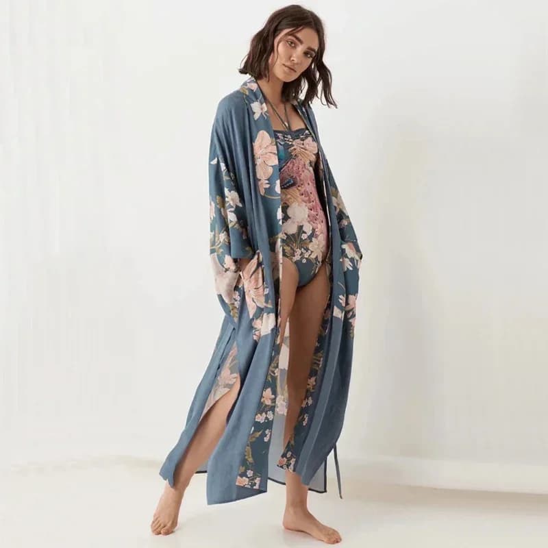 Kimono Yukata Japanese vintage Peacock Floral Print Telai Women's Dress Cardigan with V-neck Bathrobe Woman's Beach Cover