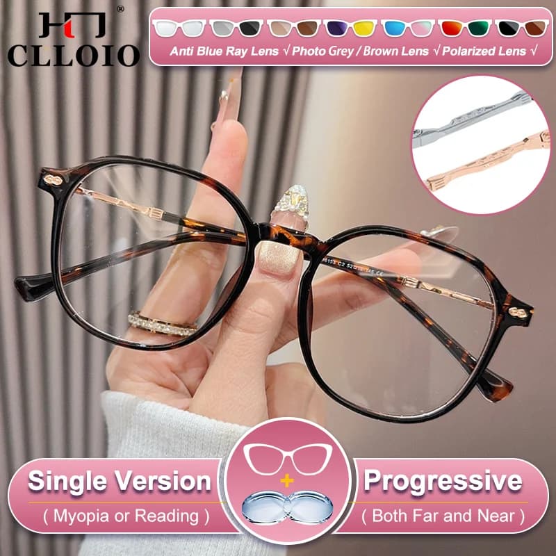 CLLOIO Nuovo Design Occhiali da Lettura con Montatura Poligonale per Miopia e Ipermetropia, Protezione dalla Luce Blu, Lenti Fotocromatiche su Prescrizione per Donna