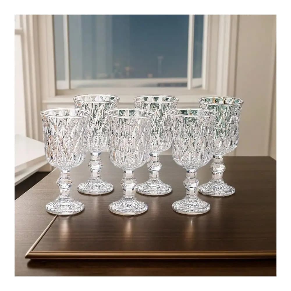Glasses Set Of 6, Vintage Stemmed Wine Glasses Set 7oz Embossed Goblets For Wedding Party Anniversary Green Elegant Drinkware F