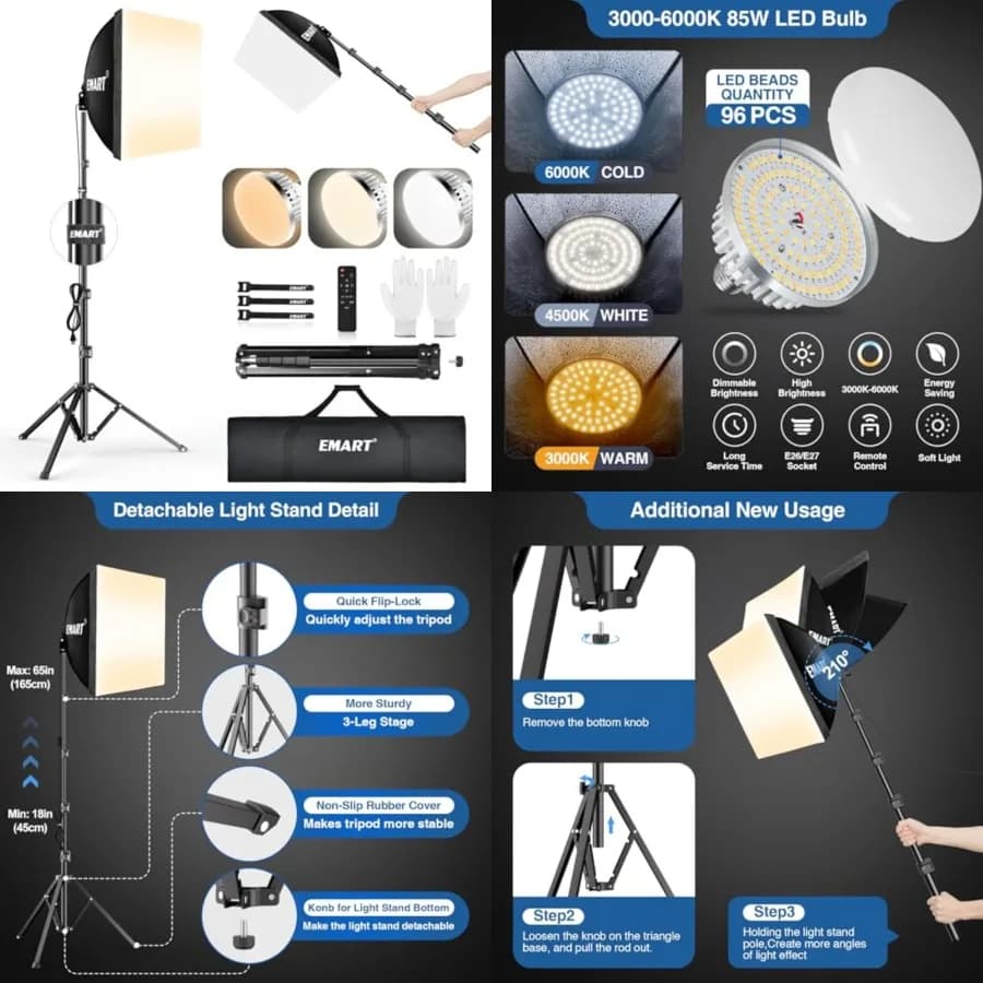 Kit di Illuminazione Softbox, Softbox 40x40 cm, Lampadine LED 3000K-6000K 85W con Telecomando, Treppiede 165 cm, Illuminazione Professionale per Fotografia