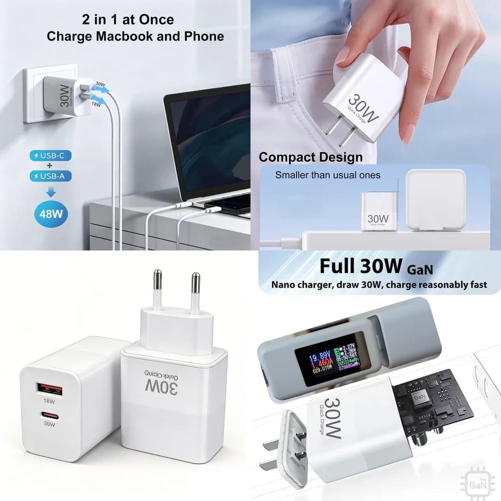 USB C Charger 30W PD Fast Charging Dual Port Wall Plug Type C USB A 18W Quick Charge Adapter for iPhone 17 16 15 Samsung EU Plug