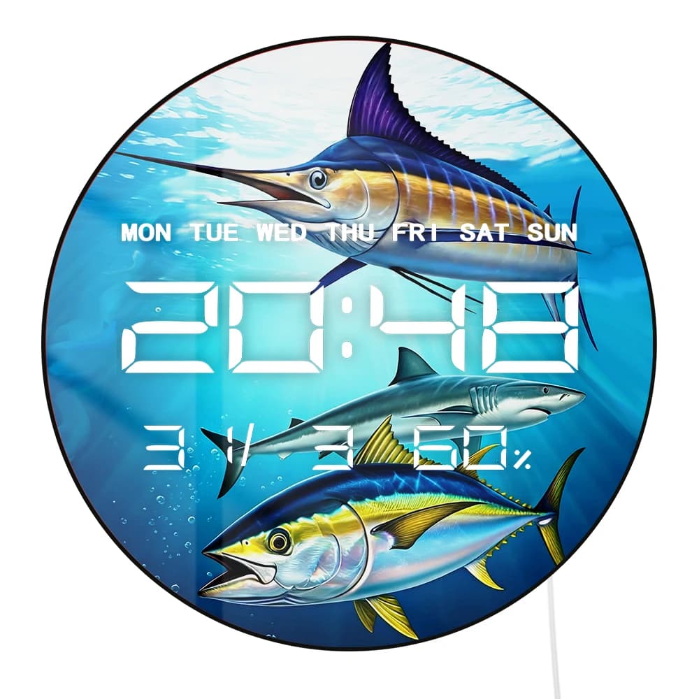 Digital LED Wall Clock with Shark, Tuna and Fish King, with Calendar, Date and Temperature, Atlantic Blue Marlin Art, Electronic Clock 12/24 Hours
