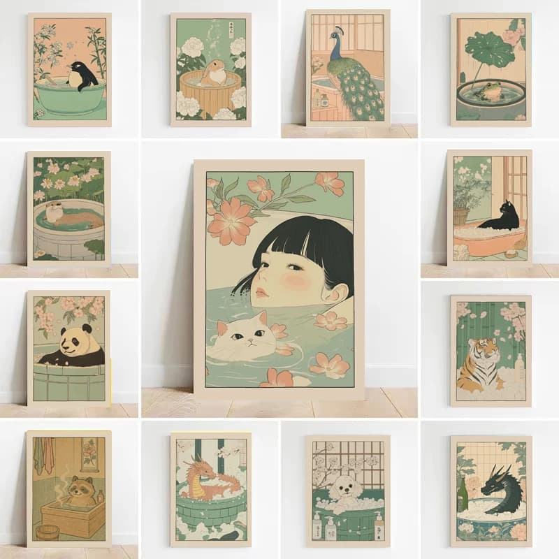 Poster di arte da parete con animali retrò giapponesi Divertenti e carini Gatti, cani, conigli, orsi, tigri e pinguini Stampa su tela Decorazioni per la casa