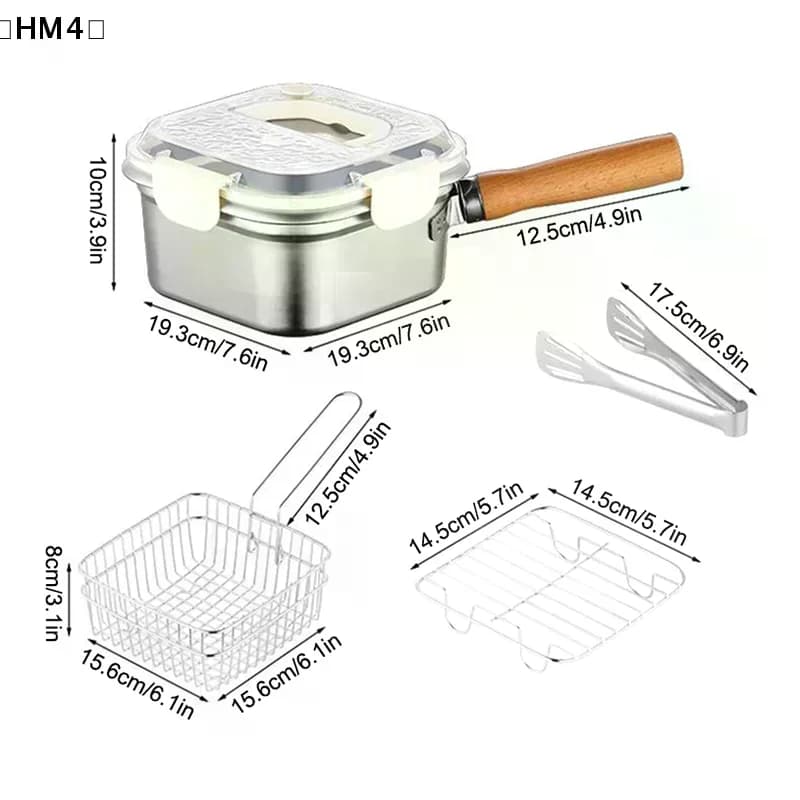 Fryer Deep in Stainless Steel, Frying pan in Low Consumption Oil, Fryer Square with Basket and Handle, Versatile Fryer with Cover