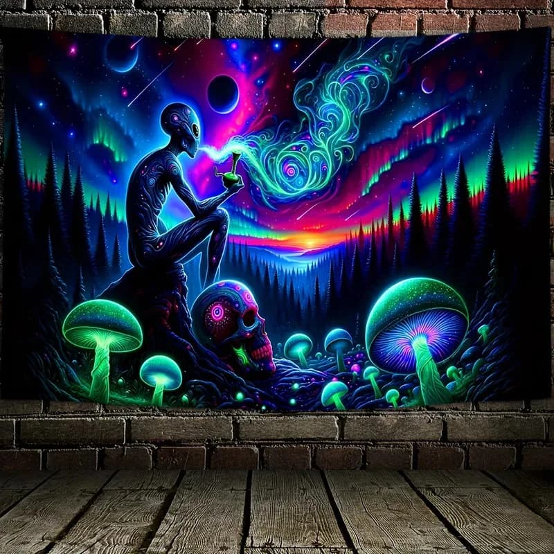 VIKAMA Tappeto Murale Psichedelico con Funghi Alieni, Cielo Stellato Bohemien e Campo Energetico per Decorazione Stanza