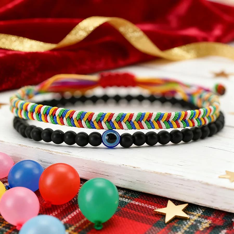 Nuovo 2 Pz/set Braccialetto Intrecciato Di Natale Unisex 4mm Occhi Malvagi Pietra Regolabile Stringa Etnica Gioielli Da Polso Regalo di Festa Braslet