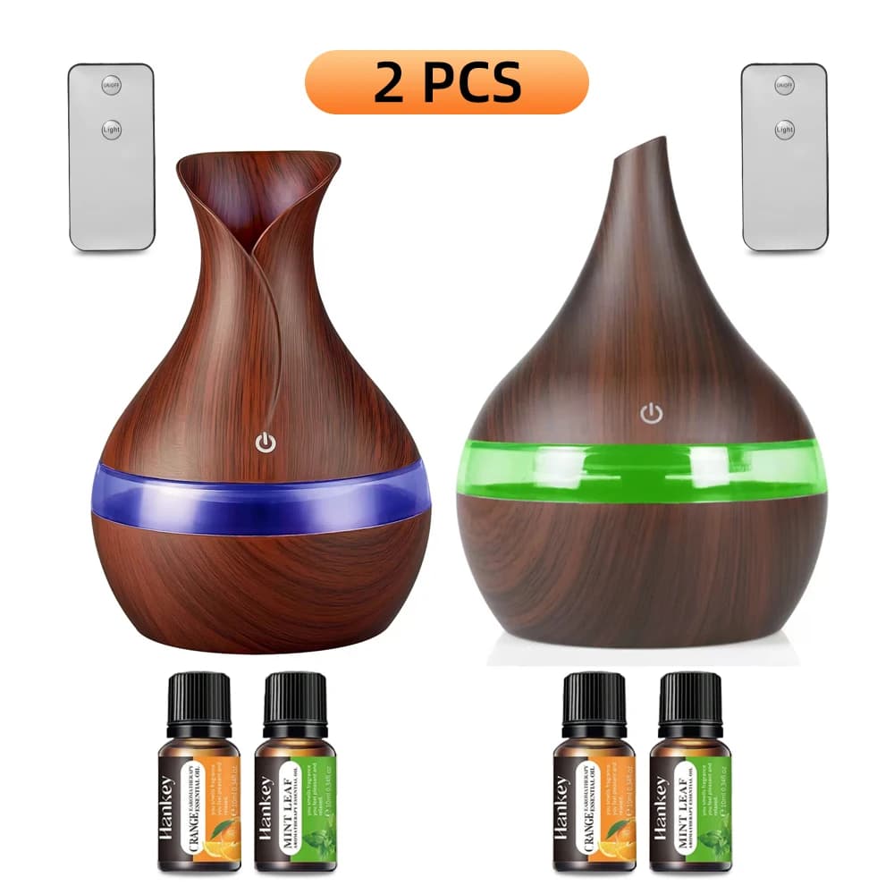Confezione da 2 Diffusori Umidificatori a Ultrasuoni Effetto Legno da 300ml, 7 Colori LED, Spegnimento Automatico e 4 Oli per Aromaterapia