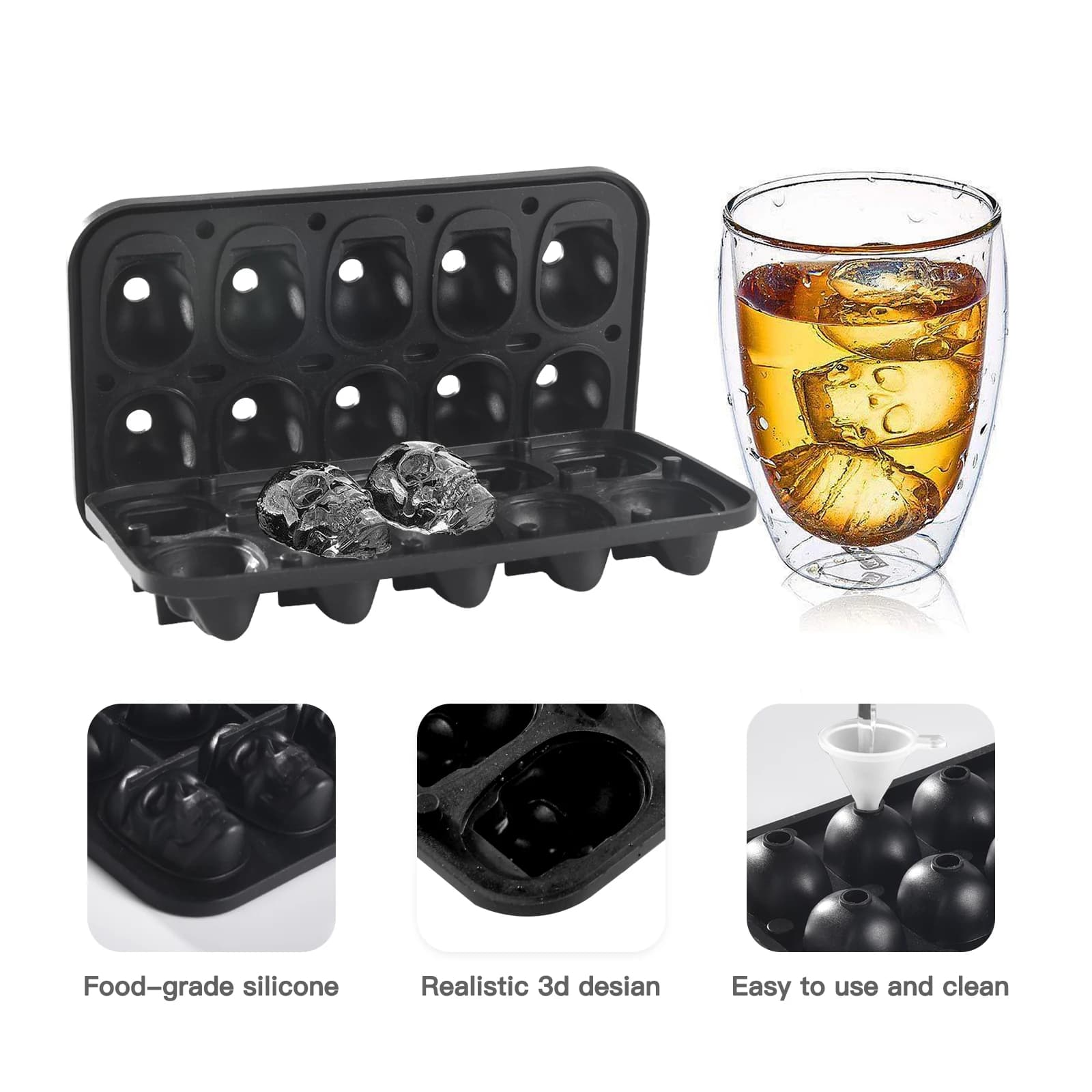1 pz, 10 stampi creativi per la produzione di ghiaccio con teschi umani imbuto e stampi per blocchi di ghiaccio per uso alimentare a forma di whisky
