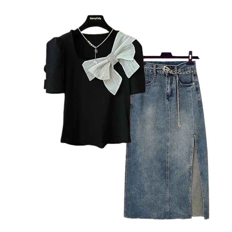 Piccolo Spice Girl Fried Street Suit T-shirt dal design chic con fiocco da donna Gonna di jeans divisa Set da due pezzi Alto livello di aspetto