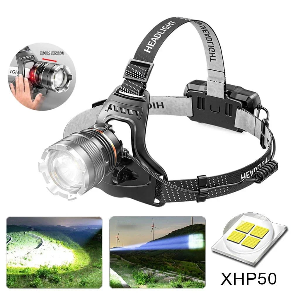 XHP50 LED Sensor headlight luce frontale impermeabile ricaricabile pesca ricerca campeggio testa torcia Zoom lanterna