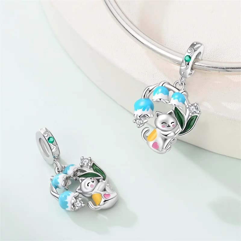 Anello Popolare 2026 in Argento Sterling 925 con Ciondolo a Fiore e Gatto, Zircone CZ Pendente, Adatto per Braccialetti Originali Fai da Te, Gioielli da Donna, Regali