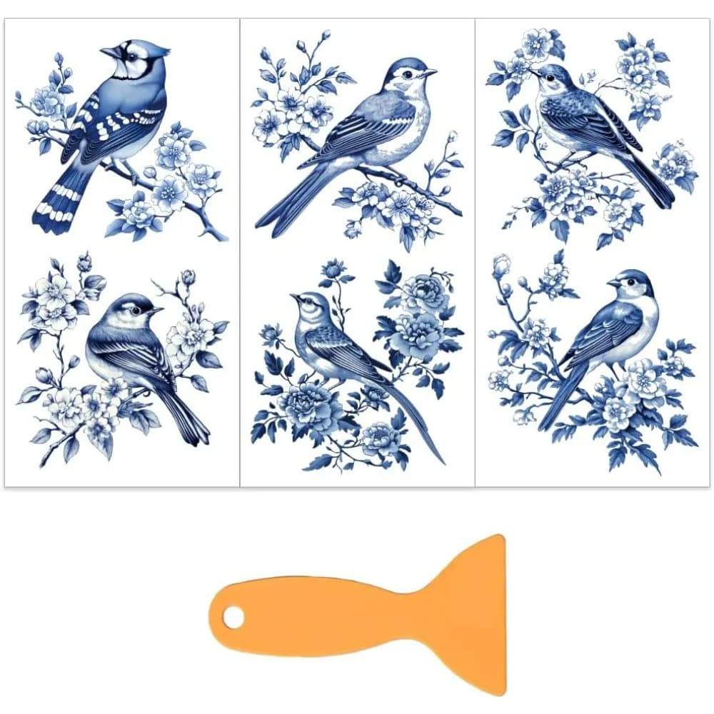 3Pcs/Set Blue Bird Rub on Transfers for Transfer Flower Furniture Decals with 1pc Scraper for Wood Furniture Decor Scrapbooking