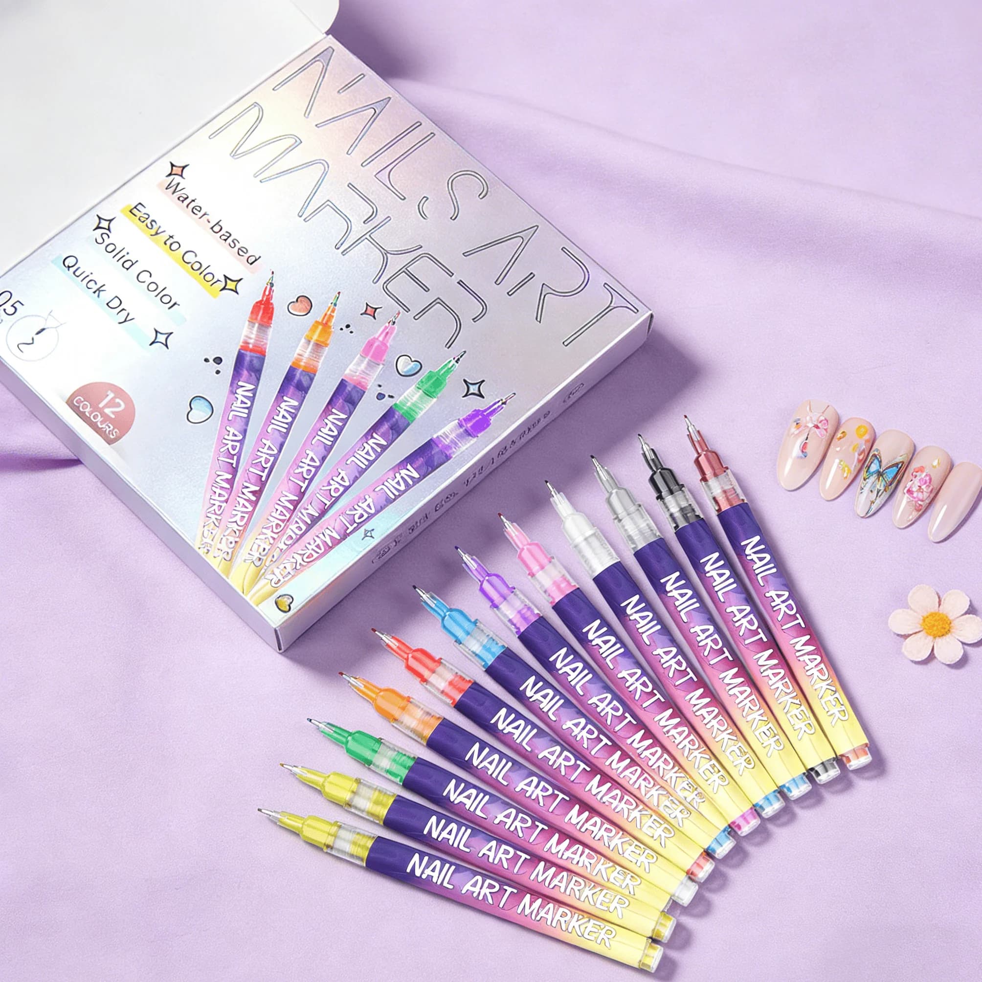 Set di 12 Penne per Nail Art Multicolore Vivace per Creare Nail Art alla Moda, Design Unghie Fai-da-Te, Asciugatura Rapida, Facili da Usare