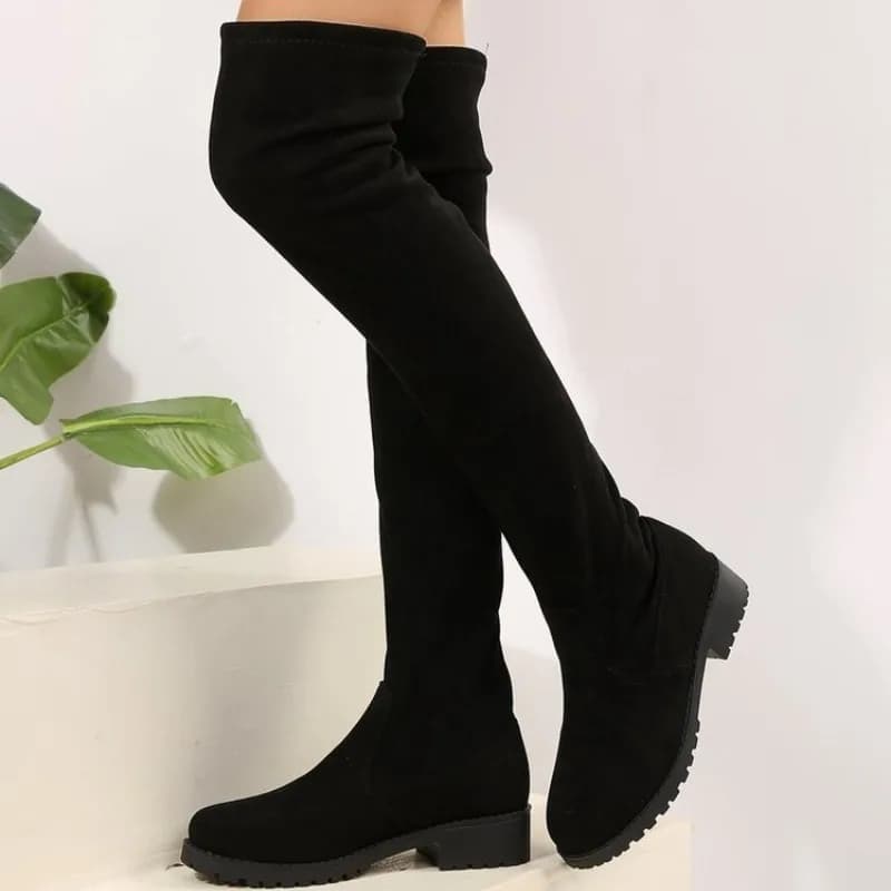 Stivali sopra il ginocchio da donna, alti fino alla coscia, in simil-pelle scamosciata elasticizzata, con tacco basso e punta tonda, per l'autunno e l'inverno, casual, slip-on.