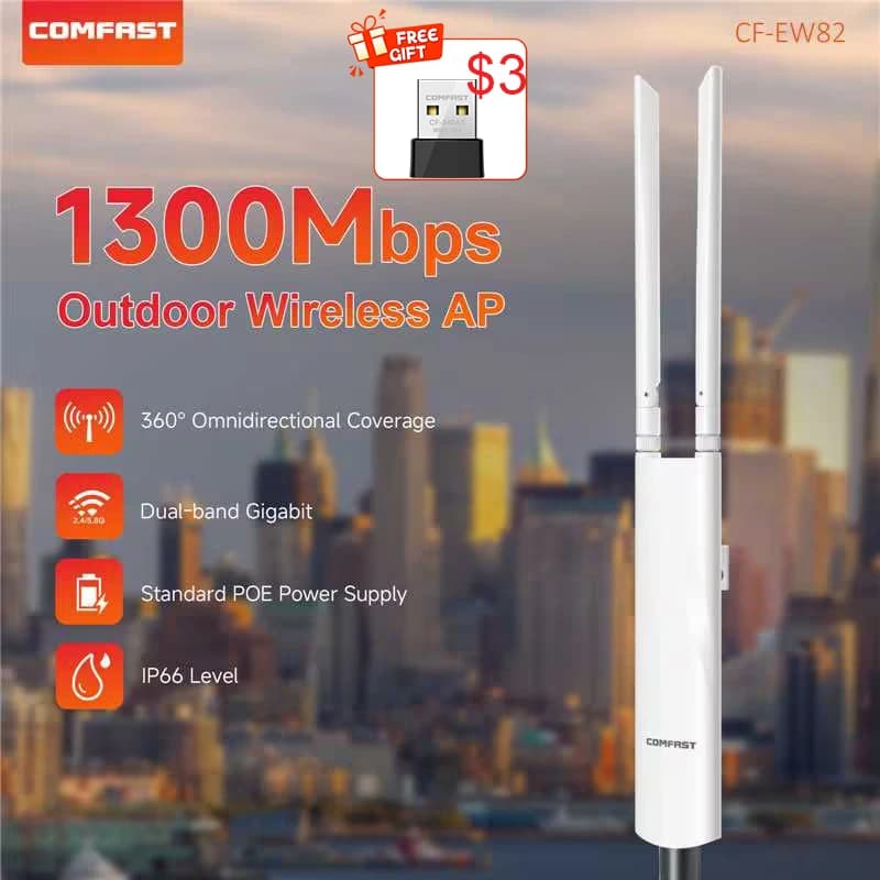 Comfast 1300Mbps Punto di accesso esterno 48V POE Alimentazione Wireless AP 2.4 + 5.8GHz Router WIFI 2 * 5dBi Antenne Wifi Estensori Spina UE/USA