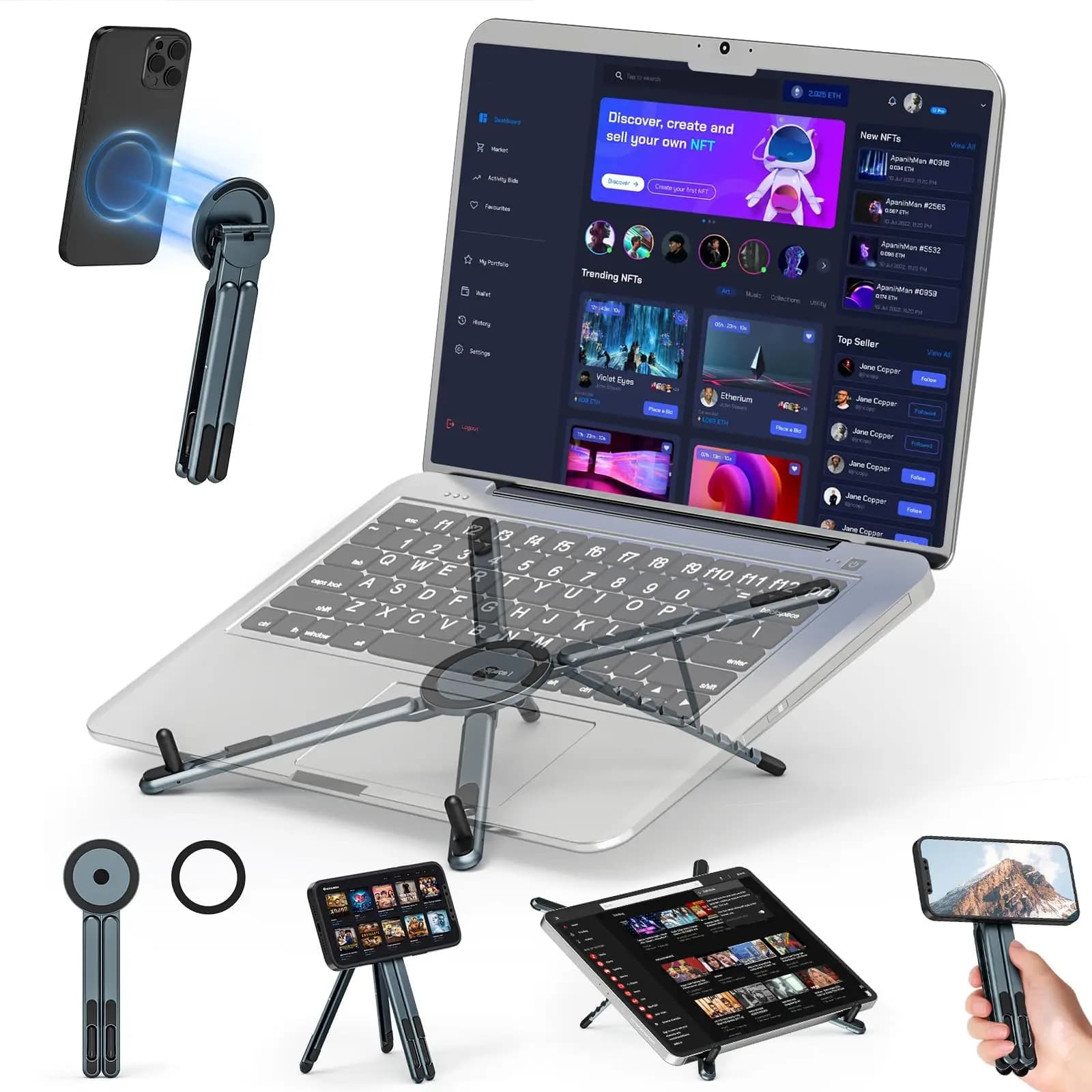 Supporto Universale Magnetico in Lega di Alluminio per Laptop, Pieghevole, Sollevabile, con Dissipazione del Calore, Supporto per Telefono, Tablet e Notebook