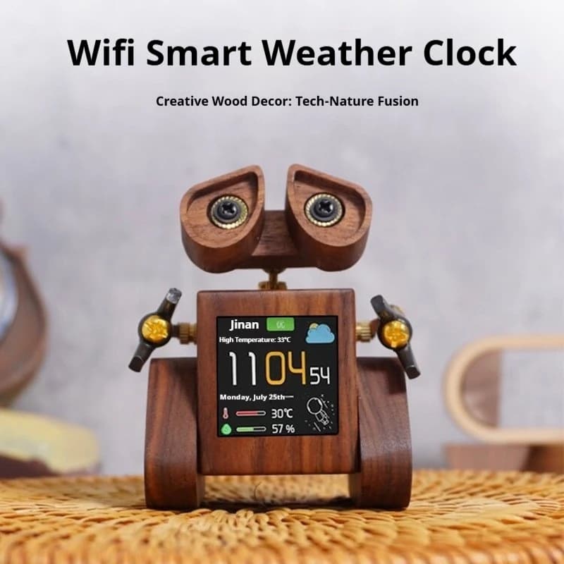 Sveglia Robot in Legno di Noce Stile WALLE con Display Meteo WIFI, Ornamento da Scrivania, Regalo Creativo di Compleanno per Casa e Ufficio