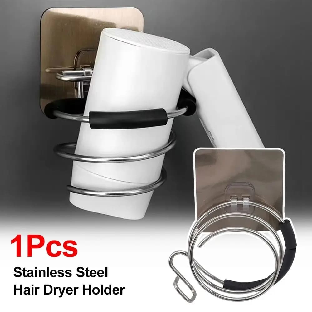 1Pcs Stainless Steel Hair Dryer Holder Adhesive Mount No Drilling Wall Mounted Holder Cable Slot Nail Free Blower Organizer