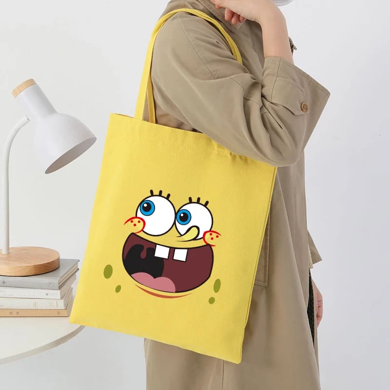Borsa in tela SpongeBob con espressioni dei cartoni animati, borsa tote per donna e uomo, borsa a tracolla per la spesa, borsa riutilizzabile per bambini, ragazzi e ragazze, borsa a mano portatile