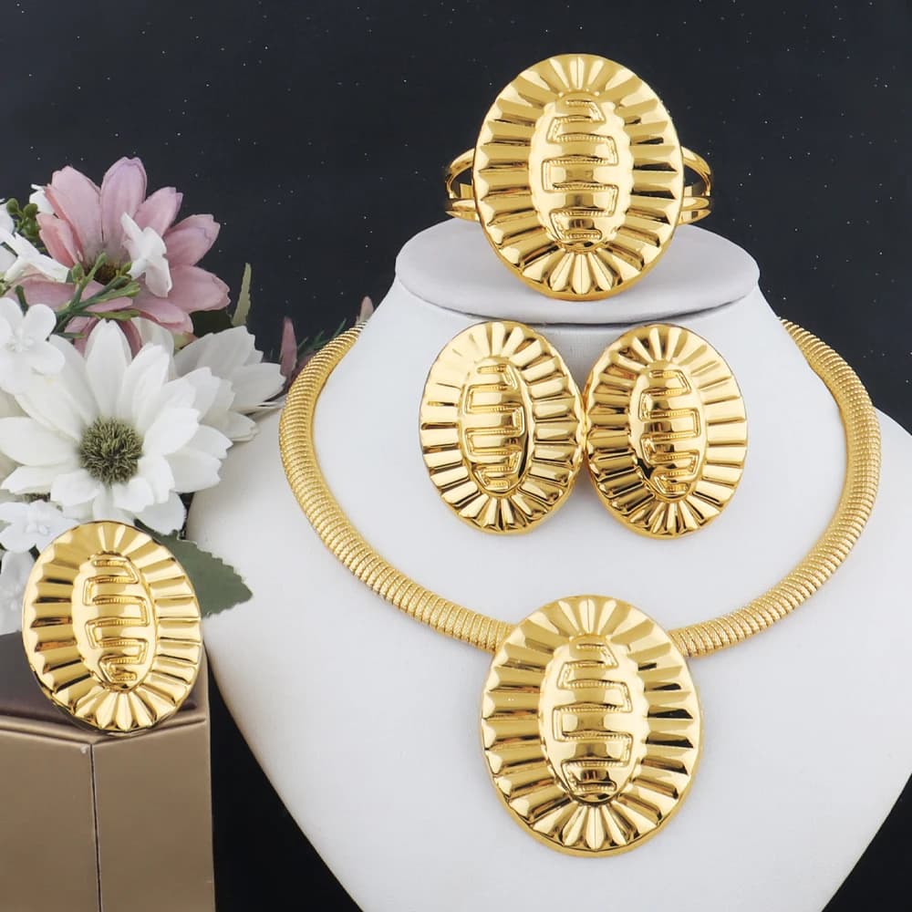 Elegante collana placcata oro 18 carati, orecchini, bracciale, anello, set di gioielli per le donne, Dubai, gioielli luminosi per banchetti nuziali