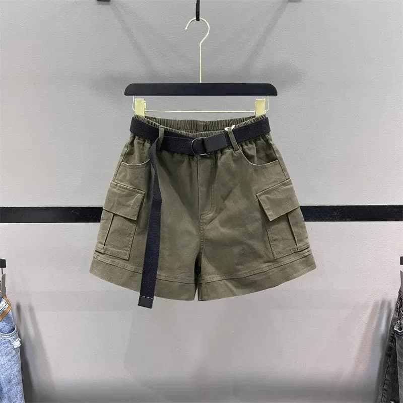 Pantaloncini cargo verde militare da donna a vita alta con elastico e cintura, casual estivi