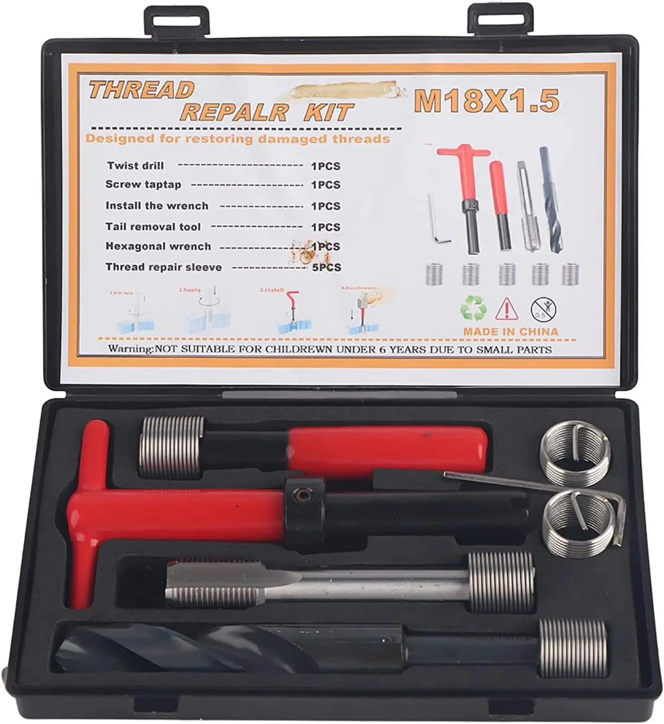 Kit di Riparazione Filetti M18x1.5, Set di 10 Inserti Helicoil con Utensili per Riparazione Auto